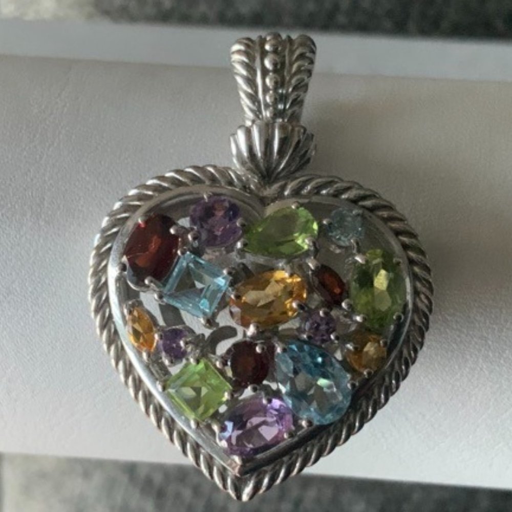 Multi Gemstone Sterling Ornate Heart Pendant
